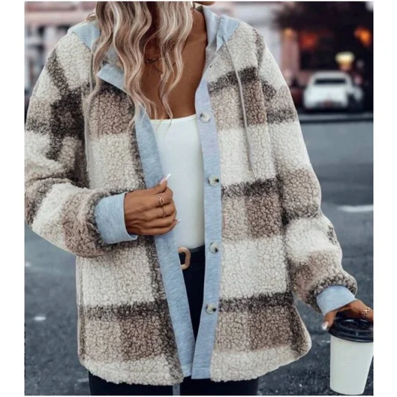 012 Cozy Plaid Print Button Down Teddy Jacket Shacket - Picture 6 of 7